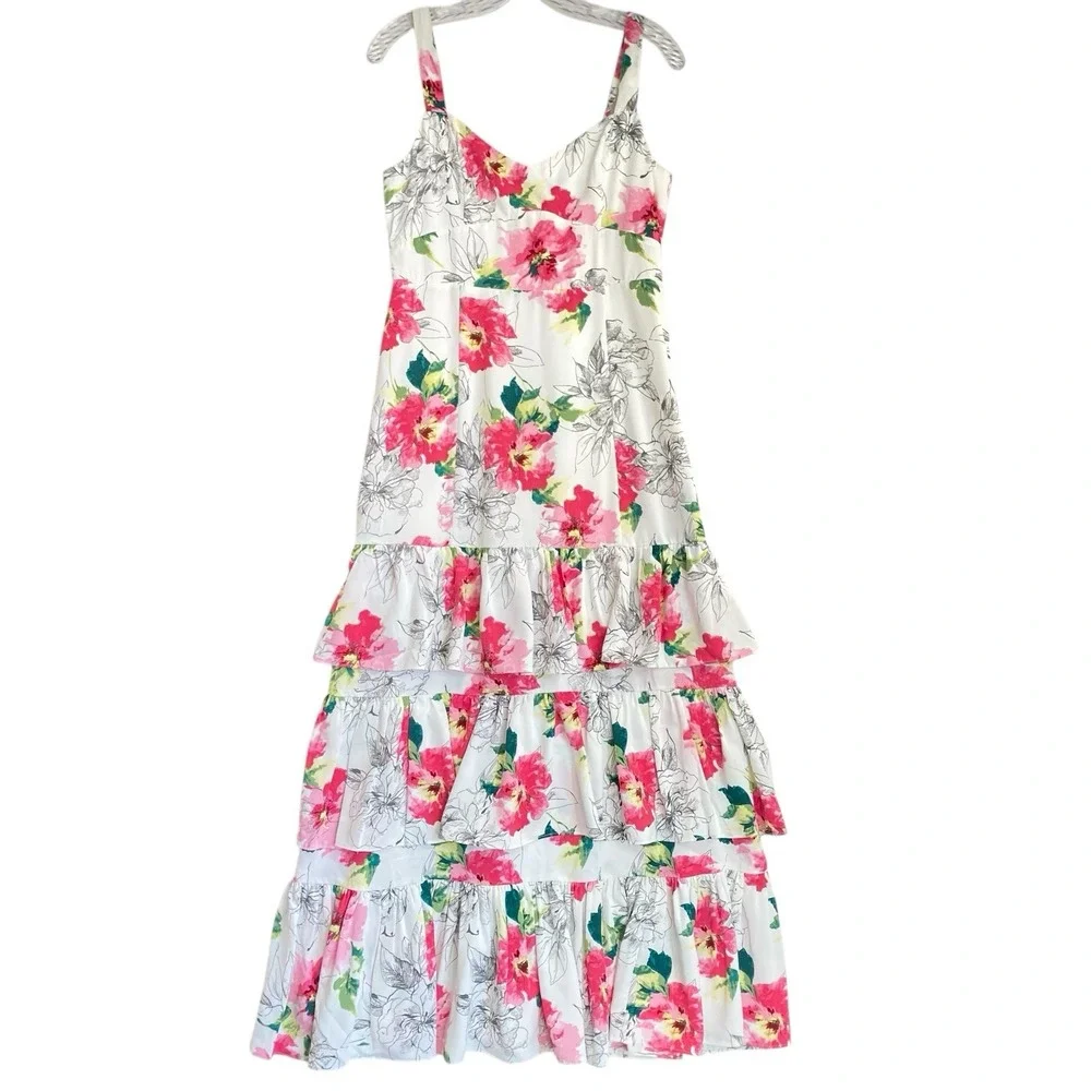 Abercrombie Fitch Maxi Tiered Ruffle Dress MP Pink Floral Strappy Flirty Y2K